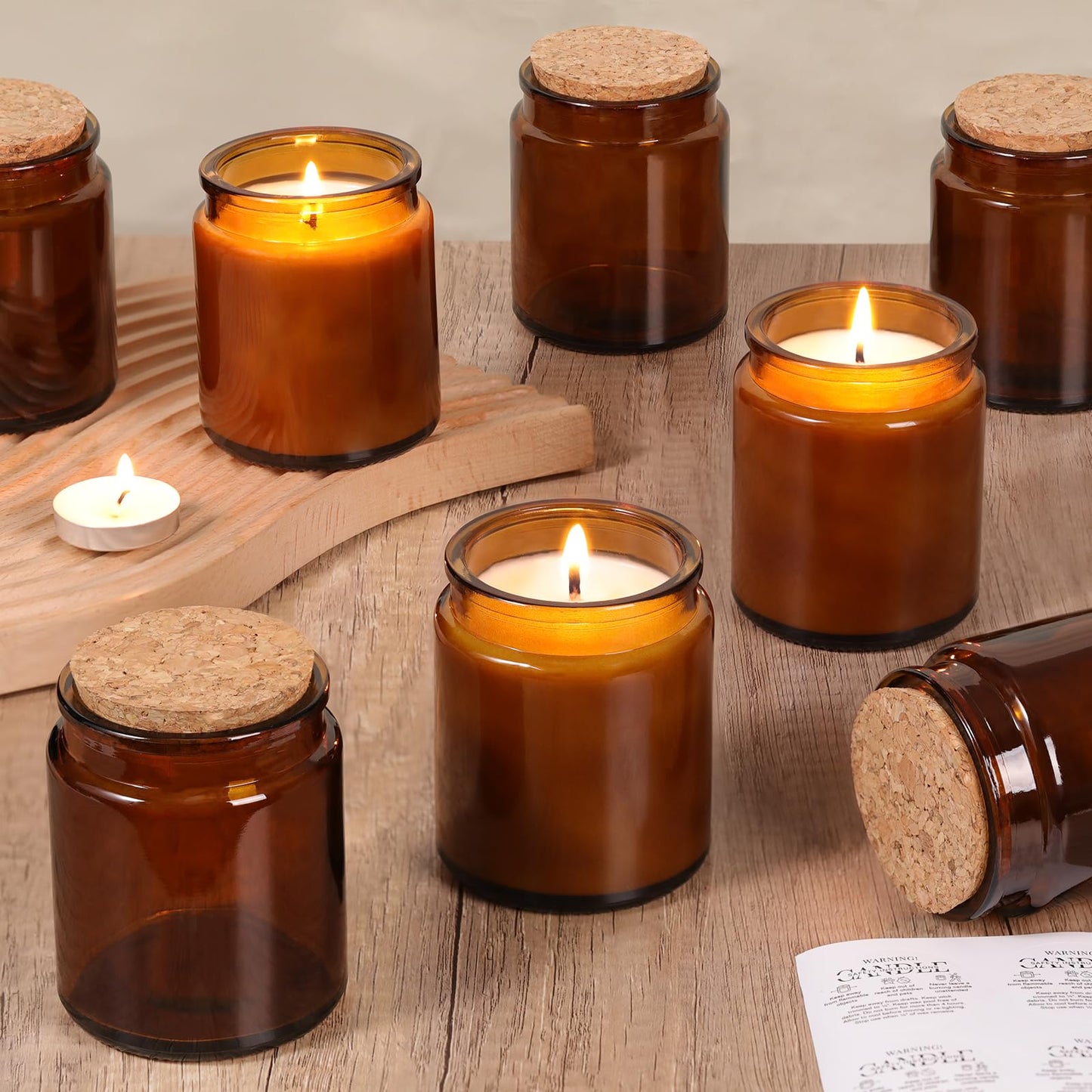Lanttu 12 Pack Amber Candle Jars for Making Candles, 7.5oz Glass Jars with Wooden Lids and Labels, Candle Making Supplies Candle Containers for Home DIY, Gifts, Table Decor
