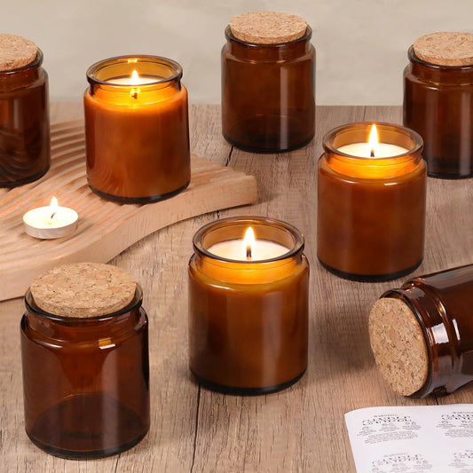 Lanttu 12 Pack Amber Candle Jars for Making Candles, 7.5oz Glass Jars with Wooden Lids and Labels, Candle Making Supplies Candle Containers for Home DIY, Gifts, Table Decor