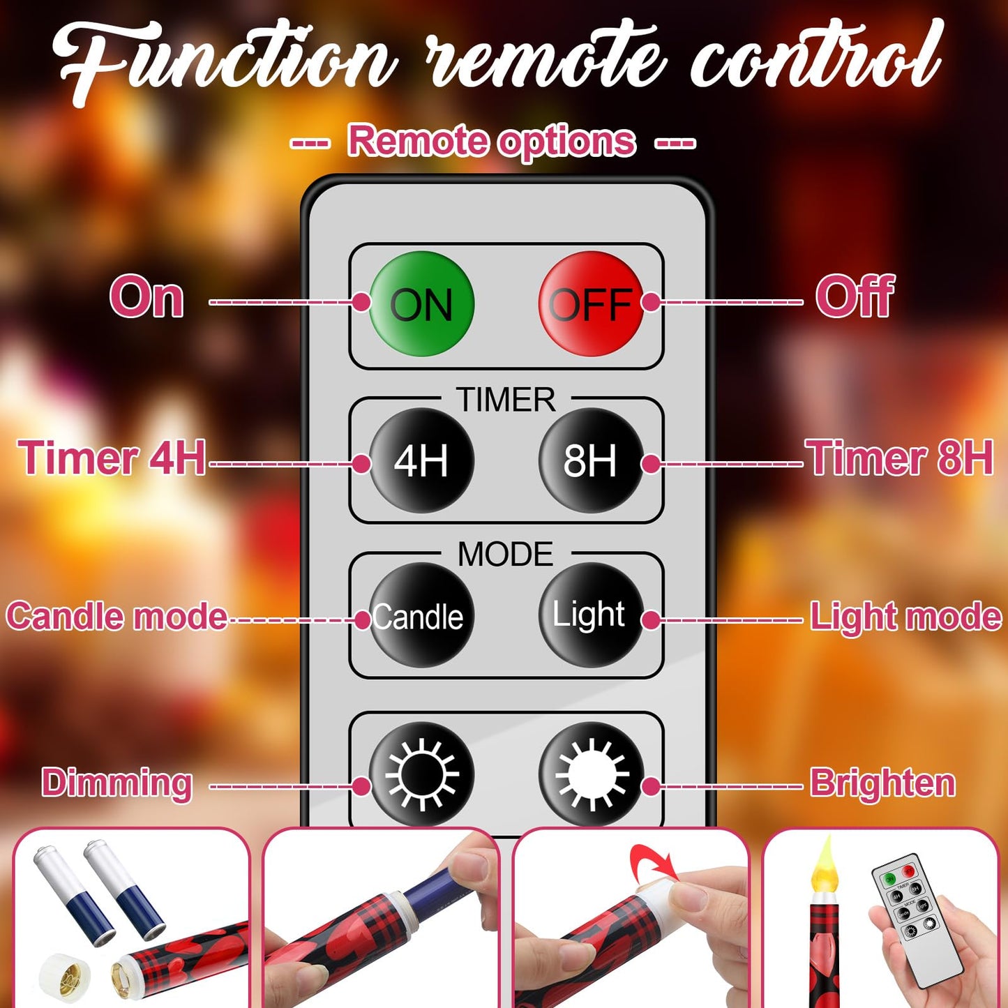 Aurelema 6 Pcs Valentines Day LED Flameless Candle Set Valentine Day Flameless Taper Candles with Heart Battery Operated Seasonal Celebration with Remote for Wedding Romantic Night