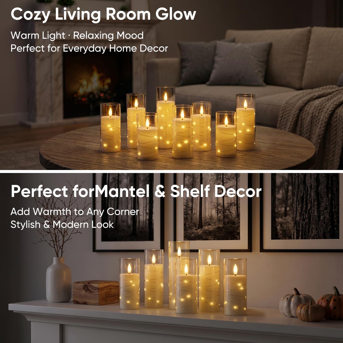 Homemory Flameless Candles with Remote Timer, Clear Acrylic Flickering LED Pillar Candles with Embedded Fairy String Lights, Battery Operated Candles for Wedding Fireplace Lantern Home Decor, Set of 9