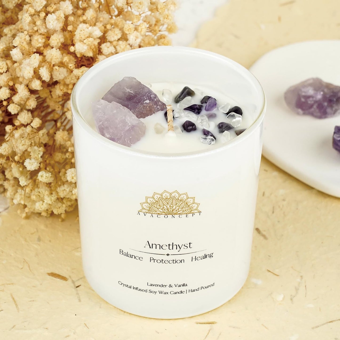AvaConcept Amethyst Crystal Candle – 10oz / 280g | Lavender & Vanilla Aromatherapy | Hand-Poured Soy Wax | Genuine Healing Crystals Embedded | Balance, Protection & Healing | Pink Gift Box Included