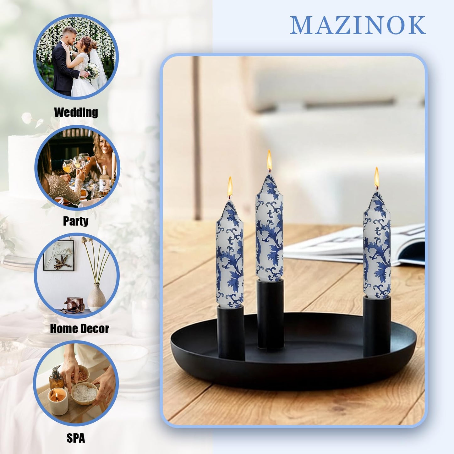 Unscented 5 Inch 4 Pack Blue and White Porcelain Short Taper Candles, Handmade Smokeless Candle Sticks for Candlelight Dinner Valentine's Day Wedding Home Decor