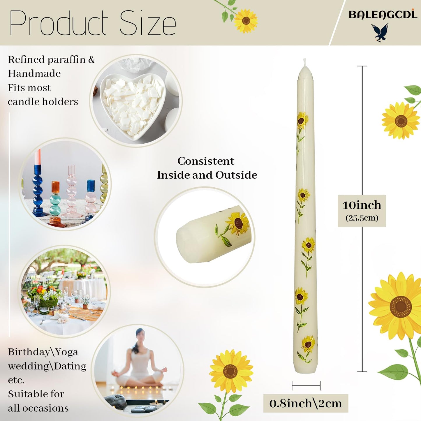 Summer Floral Printed Taper Candle - Baleagcdl Ivory with Sunflower Candlesticks Handmade Long Tapered Candles 10 Inch Drip Candle for Holiday Decor Gifts Set of 2