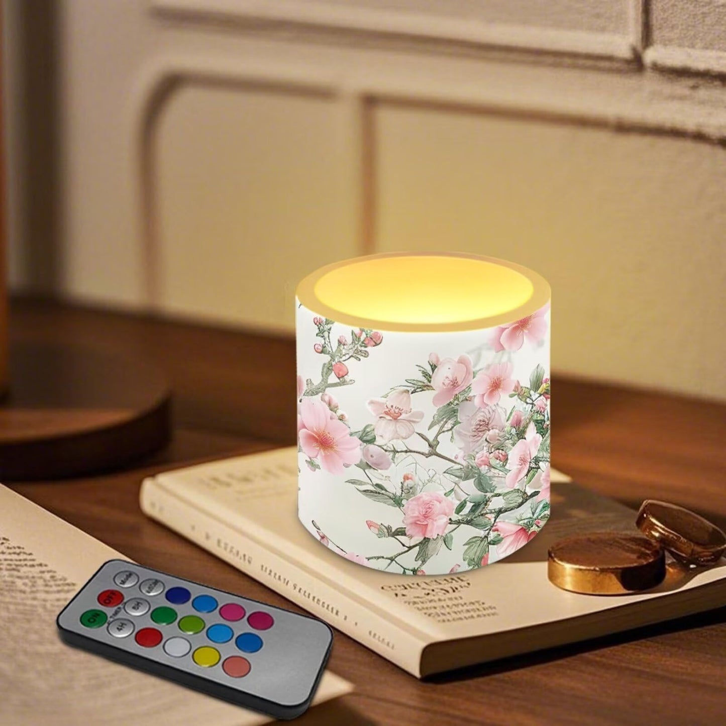 NETILGEN Flickering Flameless Candles with Remote Timer Control Pack of 4 Battery Operated LED Pillar Candles 3 inch Flameless LED Candles Pink Flowers Print