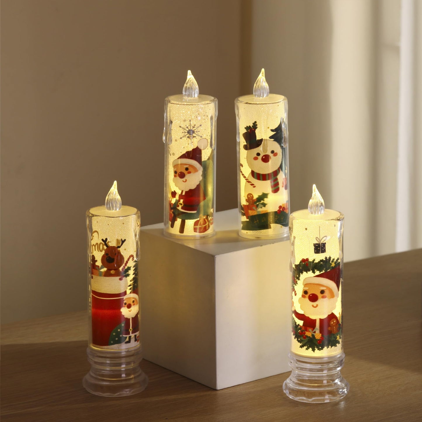 Vwvk 4-Pcs Christmas Flameless Candle Set, 5.12 Inches Tall, Christmas LED Candles with 3D Flame Effect - Battery-Operated Vintage Holiday Lights,Children's Christmas Gifts