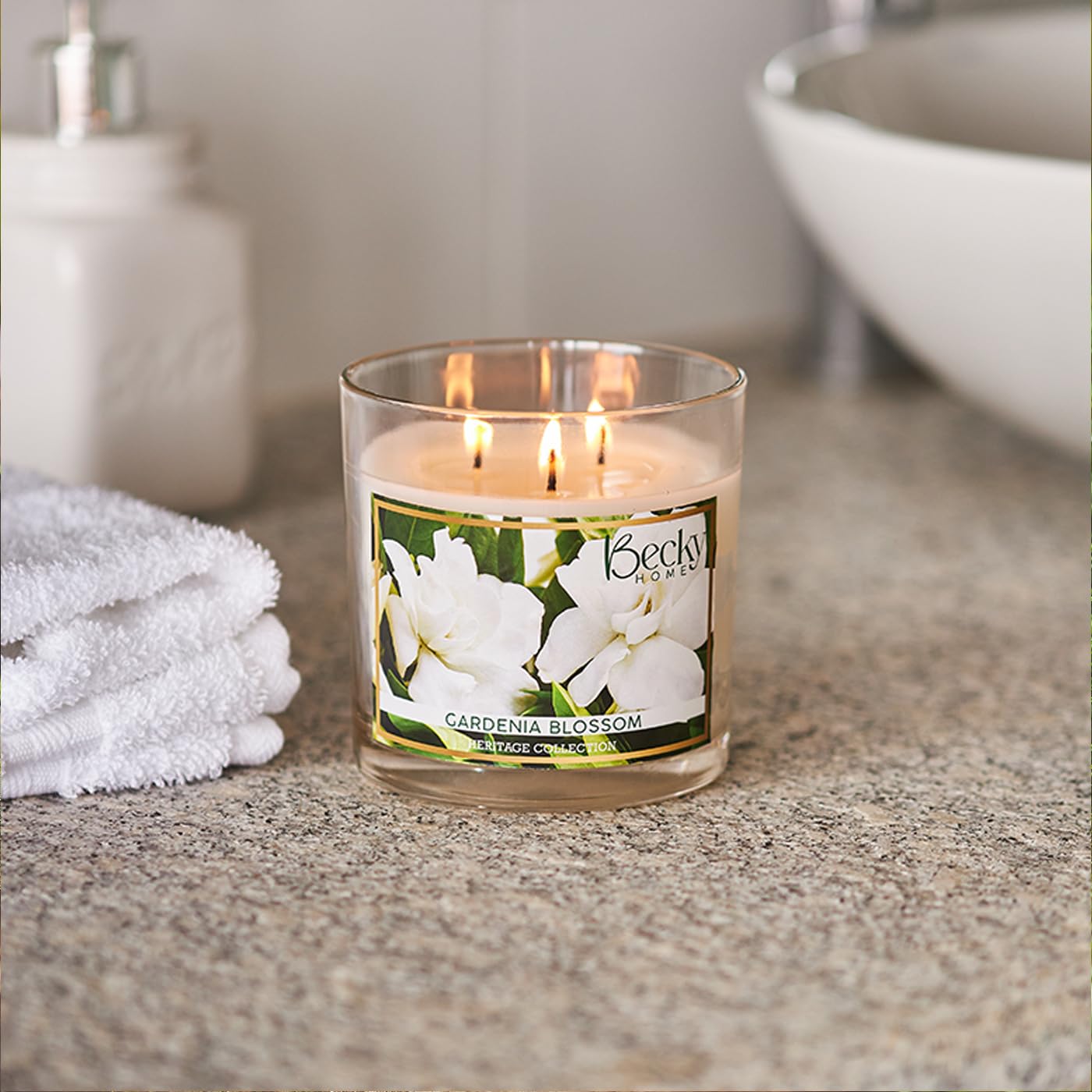 Becky Home Gardenia Blossom 3 Wick Candle, 14.5oz, Large, Traditional, White, Glass Jar, 4" H x 4" D, 60+ Hour Burn Time, Indoor Use, 1 Count