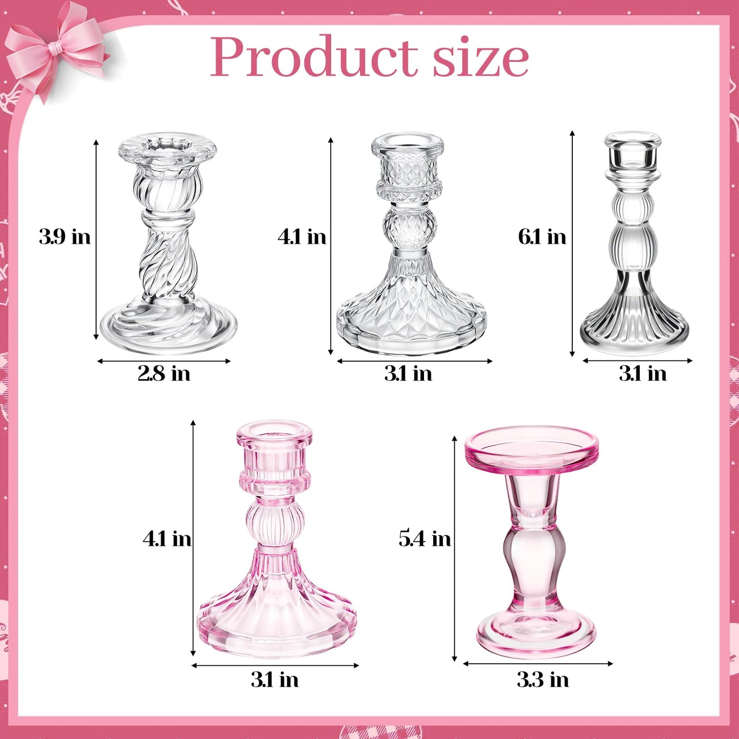 Bokon 10 Pcs Valentines Day Taper Candles with Candlestick Holders Pink Bow Heart Coquette Taper Candles Galentines Party Decor for Valentine's Day Girlfriends' Weddings Anniversaries Birthday