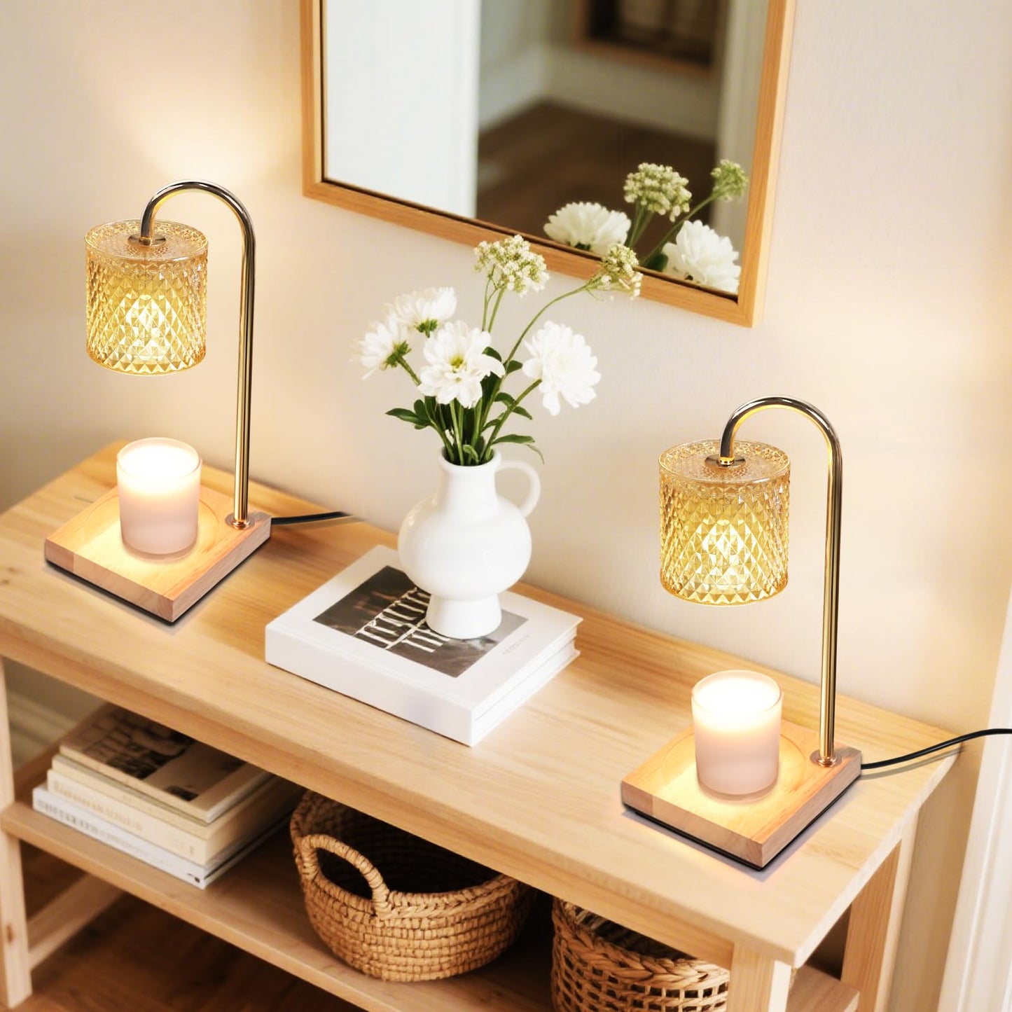 2 Pack Candle Warmer Lamp with Timer & Dimmer, Perfect Housewarming & Birthday Gifts for Women and Mom, Stylish Home Decor for Scented Wax & Jar Candles, Elegant Amber Glass Design
