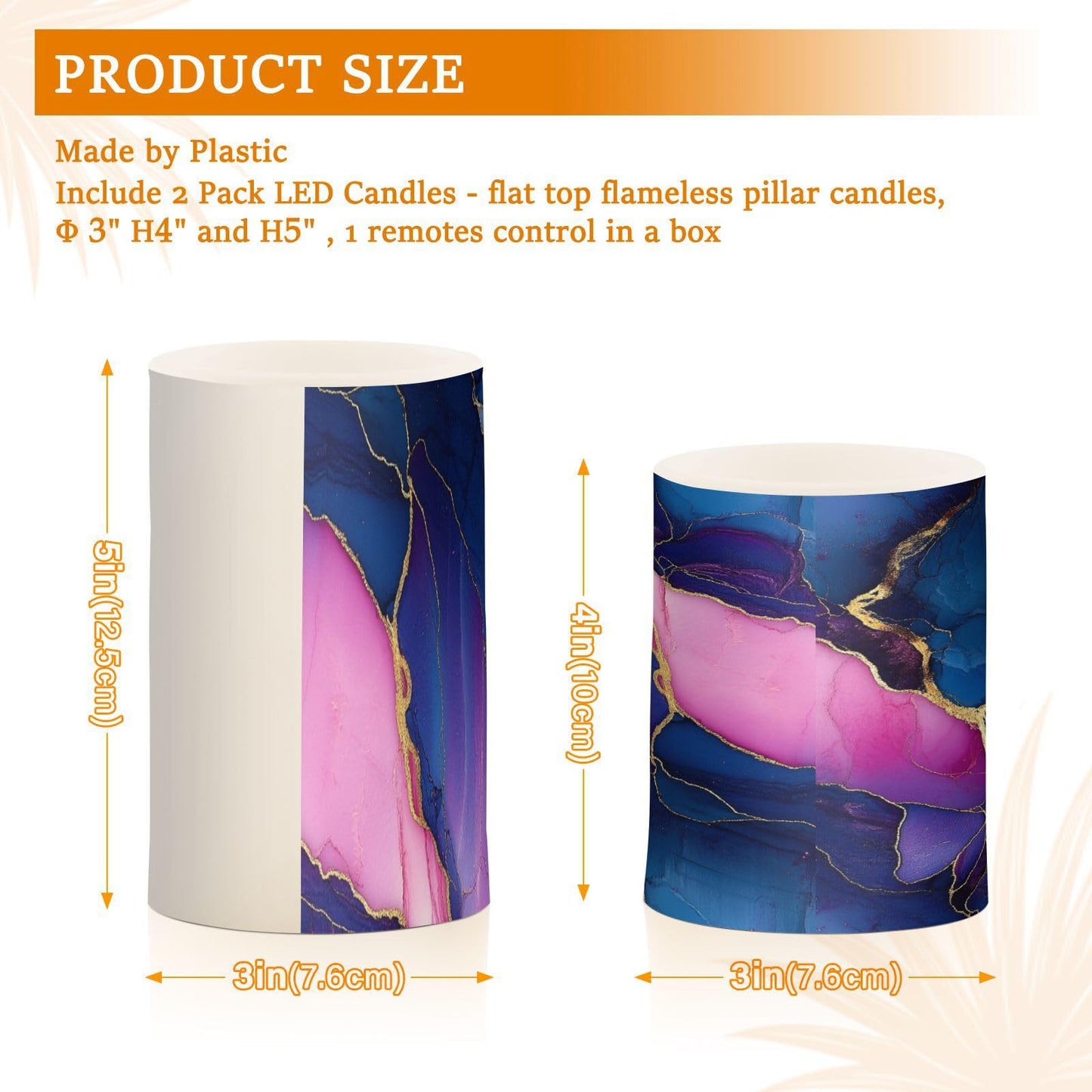 Zathe Flameless Pillar Candles Remote Control Flameless Candle Lantern for Table Marble Navy Blue Hot Pink