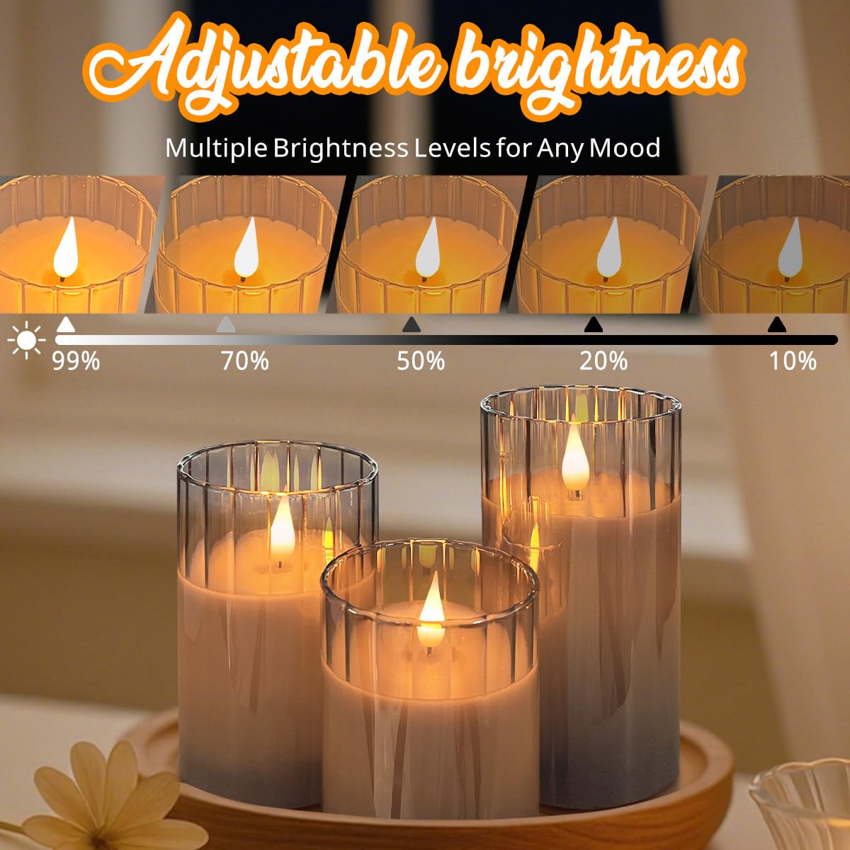 LEDHOLYT Rechargeable Flameless Candle, Flashing LED Pillar Real Wax Candle with Remote Control and Timer, Grey Stripes Glass Electronic Candles for Room Decoration, 1 Set of 3