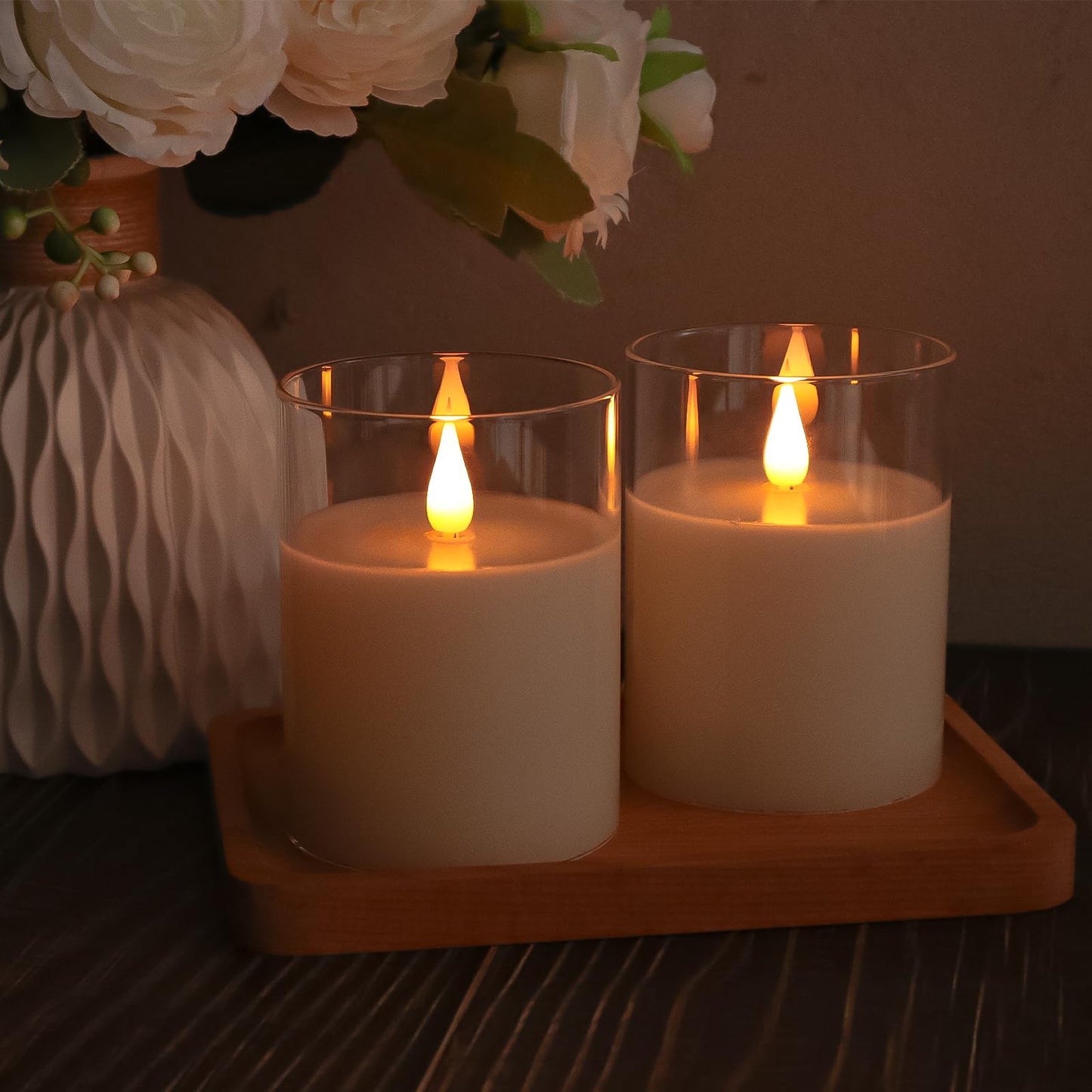 TECHLONG Glass Flameless Candles with Remote Timer, 3D Moving Flame Flickering, Last 600+ Hours Battery Candles, Real Wax LED Votive Candle for Festival Wedding Home Party Decor, 3" x 4"