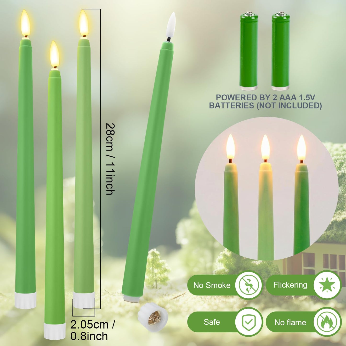 Macarrie 24 Packs Flameless Taper Candles Battery Operated Fake 11 Inch Long Candlelight LED Flameless Candlesticks Flickering Tapered for Spring Summer Wedding(Spring Green)