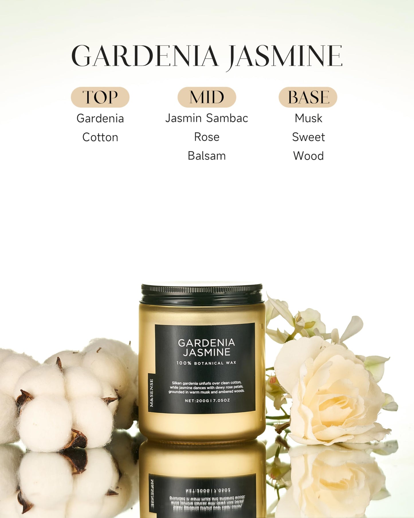 M&SENSE Gardenia Jasmine Scented Candles, 7.05oz Natural Soy Wax, Clean Non Toxic, 50 Hours Slow Burning Floral Scented Aromatherapy Candle for Housewarming Gifts Bath & Office