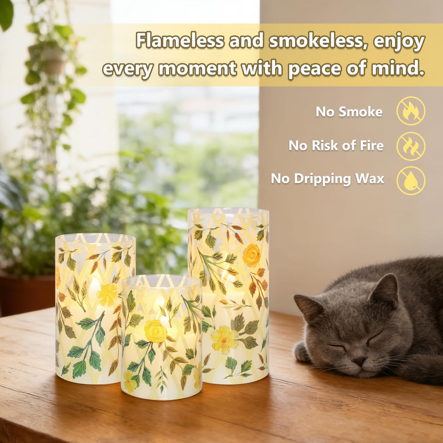 Crystal Club Yellow Floral Flameless Candles with Remote & Timer, 3D Wick Flickering Pillar LED Flameless Candles, Battery Operated for Home Wedding Party Festival Decor, Set of 3