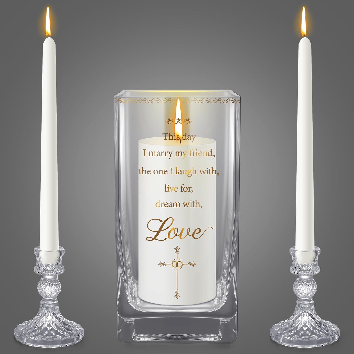 FoldTier Unity Candles with Holder for Wedding Ceremony Set 1 6" Pillar 2 9.8'' Taper Candles 3 Candlestick for Religious Formal Events Church(Cross)