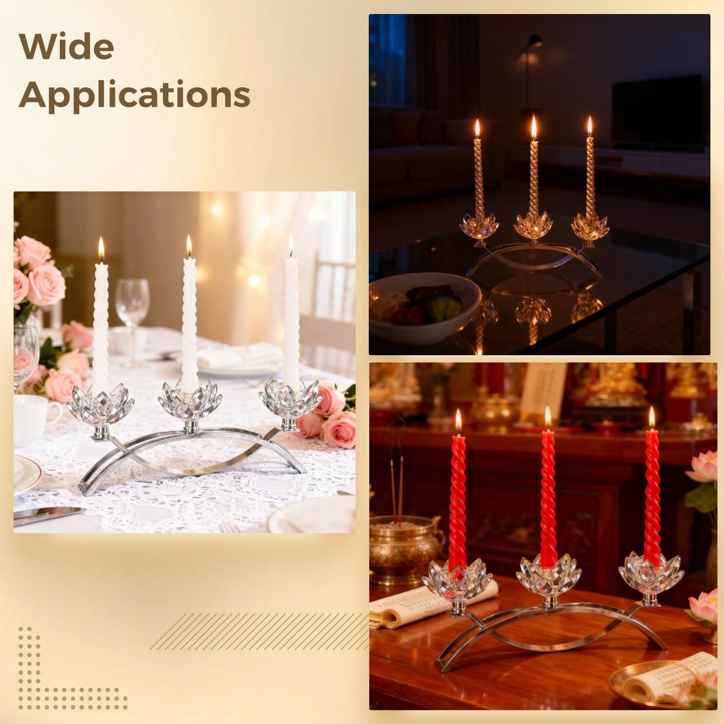 Crystal Lotus Candle Holders, Silver Table Centerpiece 11.4 in, 3-Head Lotus Candlestick with Glass Petals, Elegant Nickel-Plated Metal for Home Decor, Wedding, Dining