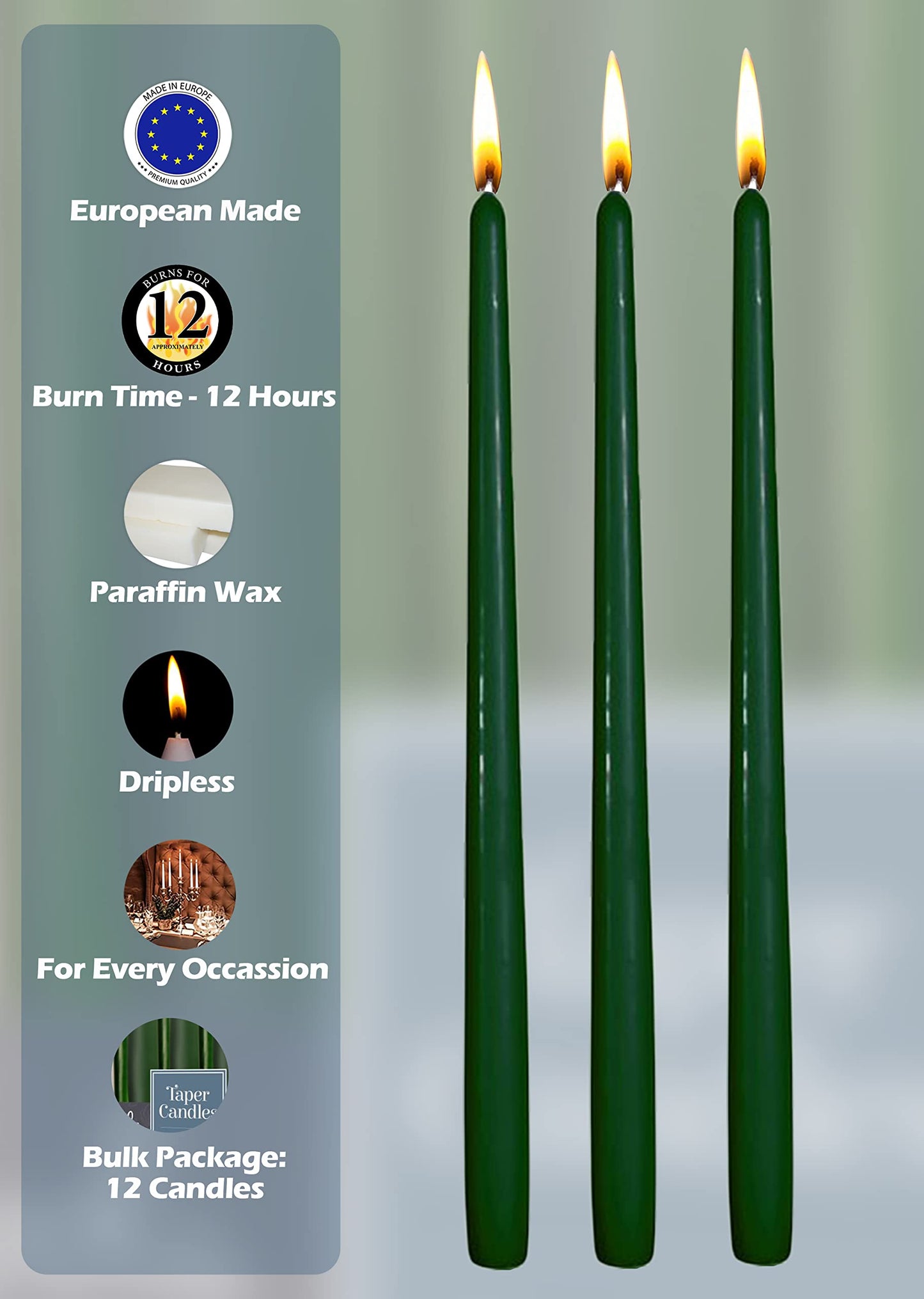 Hyoola 12 Pack Tall Taper Candles - 14 Inch Hunter Green Dripless, Unscented Dinner Candle - Paraffin Wax with Cotton Wicks - 12 Hour Burn Time