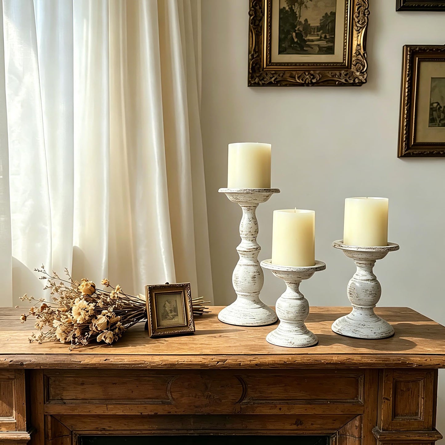 cachiv Pillar Candle Holders Set of 3, Antique Metal Candle Stands Distressed Candle Holders for Weddings Events Home Decor (White)