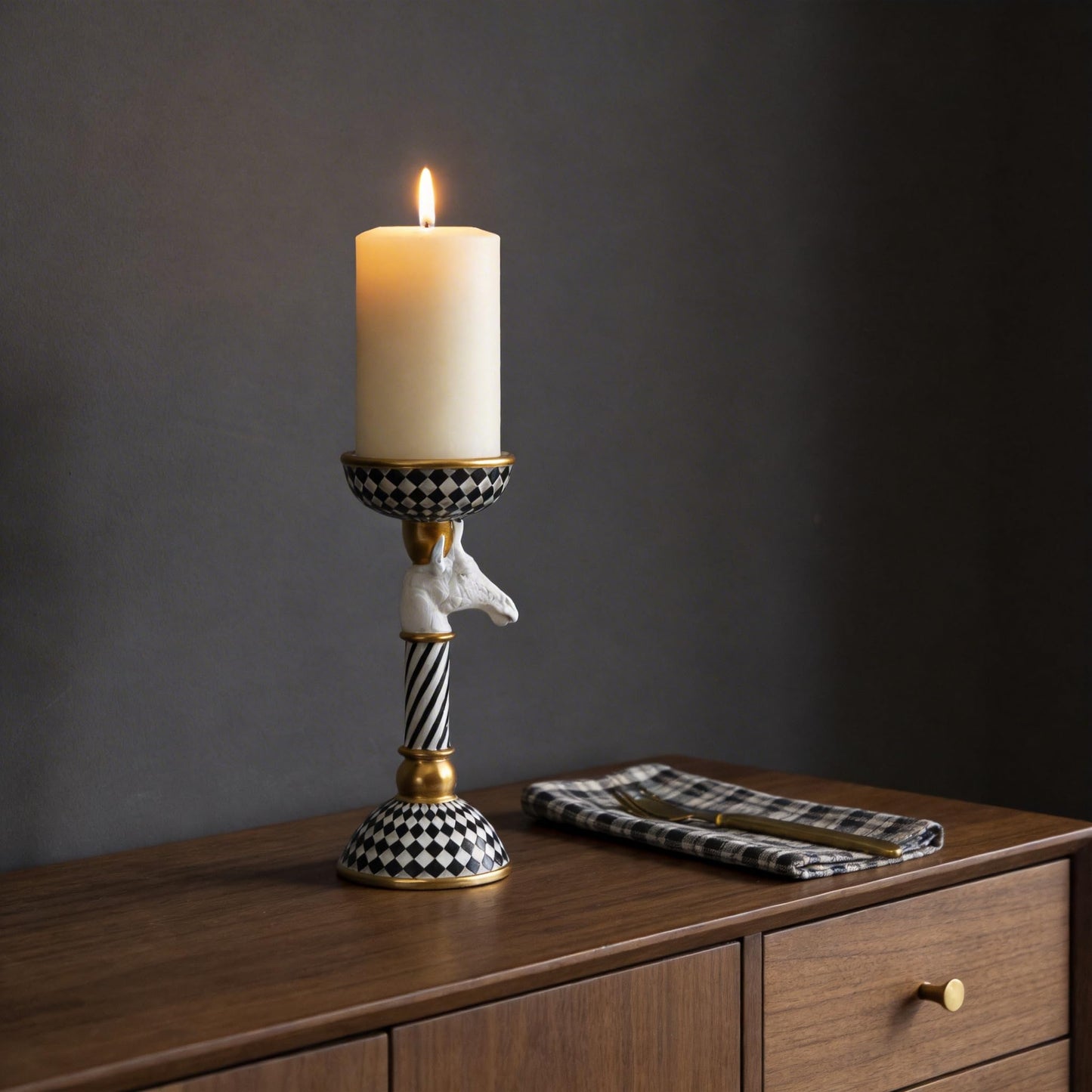 Checkered Animal Candle Holders, Resin Black White Checkered Tiger Head Candlestick Holders, Cute Black-and-White Pillar Candle Stand Home Decorations (Giraffe)