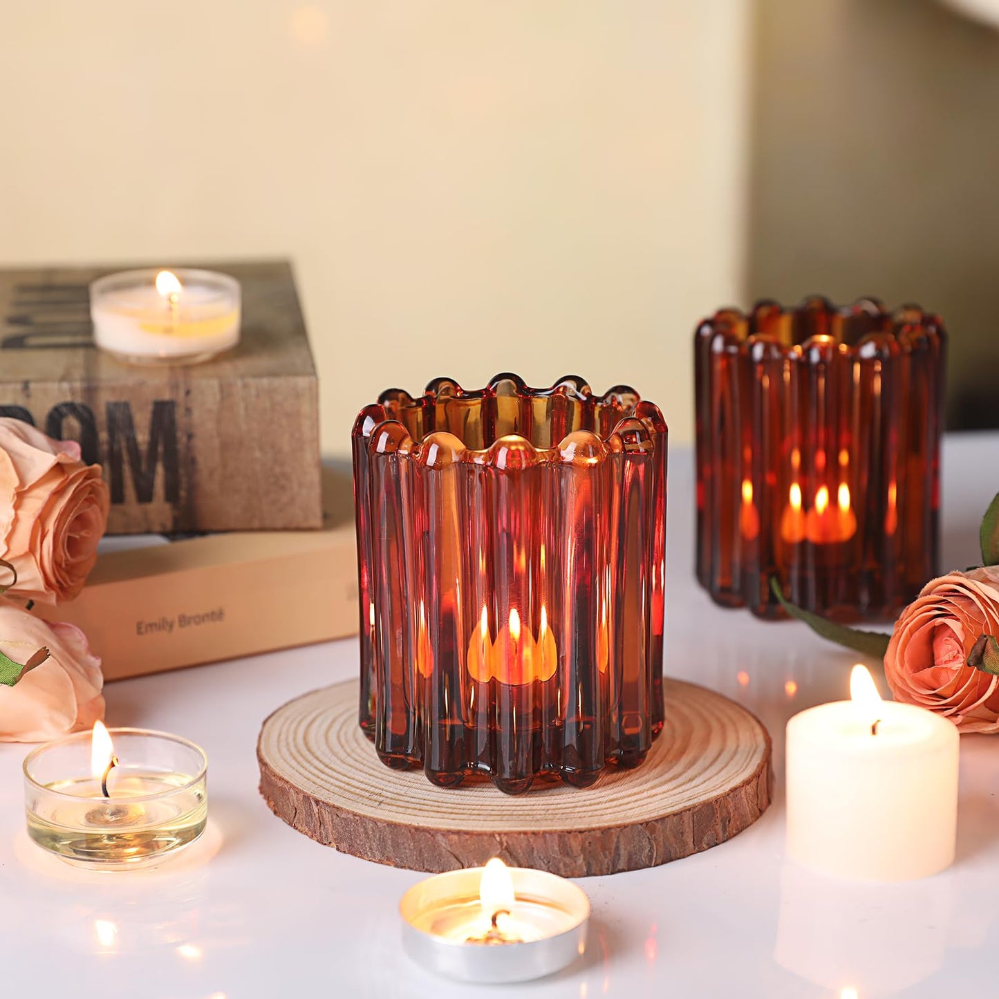 HAVITI Glass Amber Votive Candle Holder, Ribbed Votive Candle Holders Set of 12, Tealight Candle Holder for Wedding Centerpieces Dinner Party Table Decor