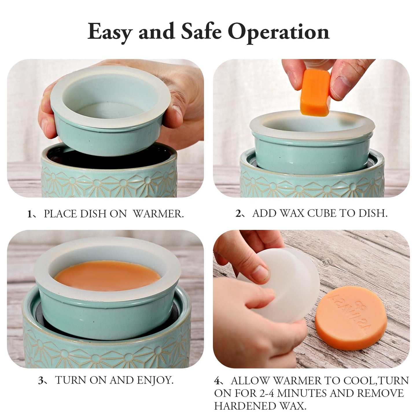 ASAWASA Wax Melt Warmer with 1 pc Silicone Dish,3-in-1 Ceramic Wax Melter Burner for Kitchen Home Spa Yoga Gift (Cyan Hexagon Pattern)
