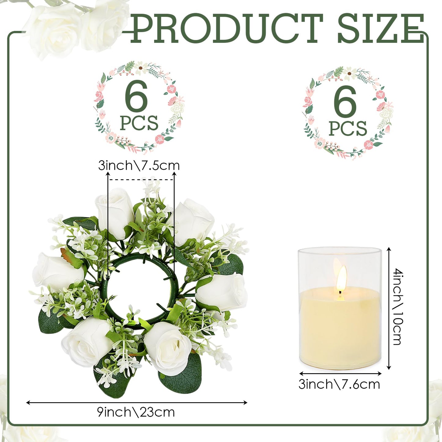 Acmee White Rose Candle Rings with Flameless Candles Sets - 12PCS Artificial Flower Eucalyptus Wedding Centerpiece 3 Inch Pillar Candleholders Wreaths for Wedding Party Decor (White - 6 Sets)