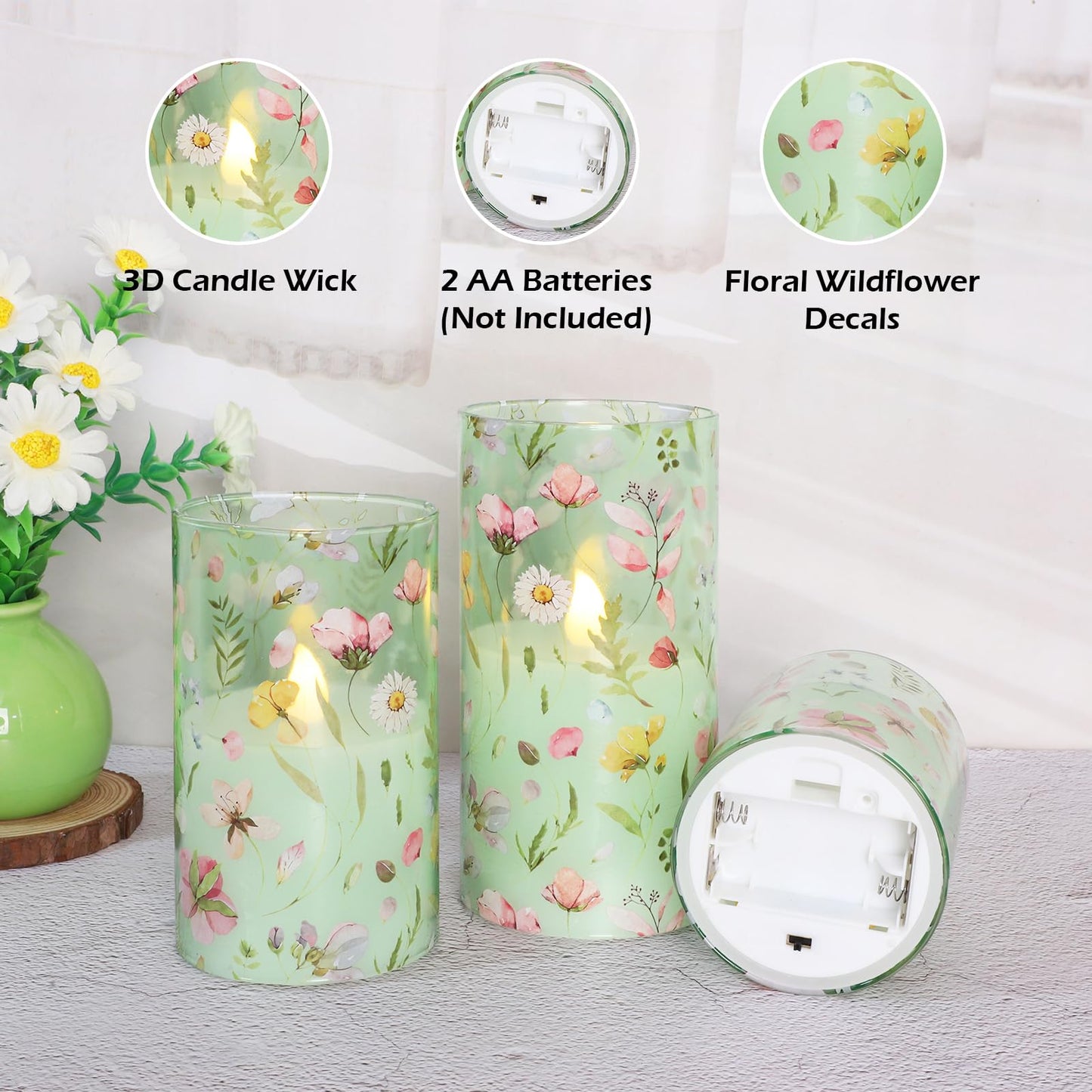 Impress Life Spring Decor Flameless Candles with Remote, 3PC Battery Operated Real Wax LED Candle, Pink Floral Decals with Flickering 3D Wick for Home Centerpiece