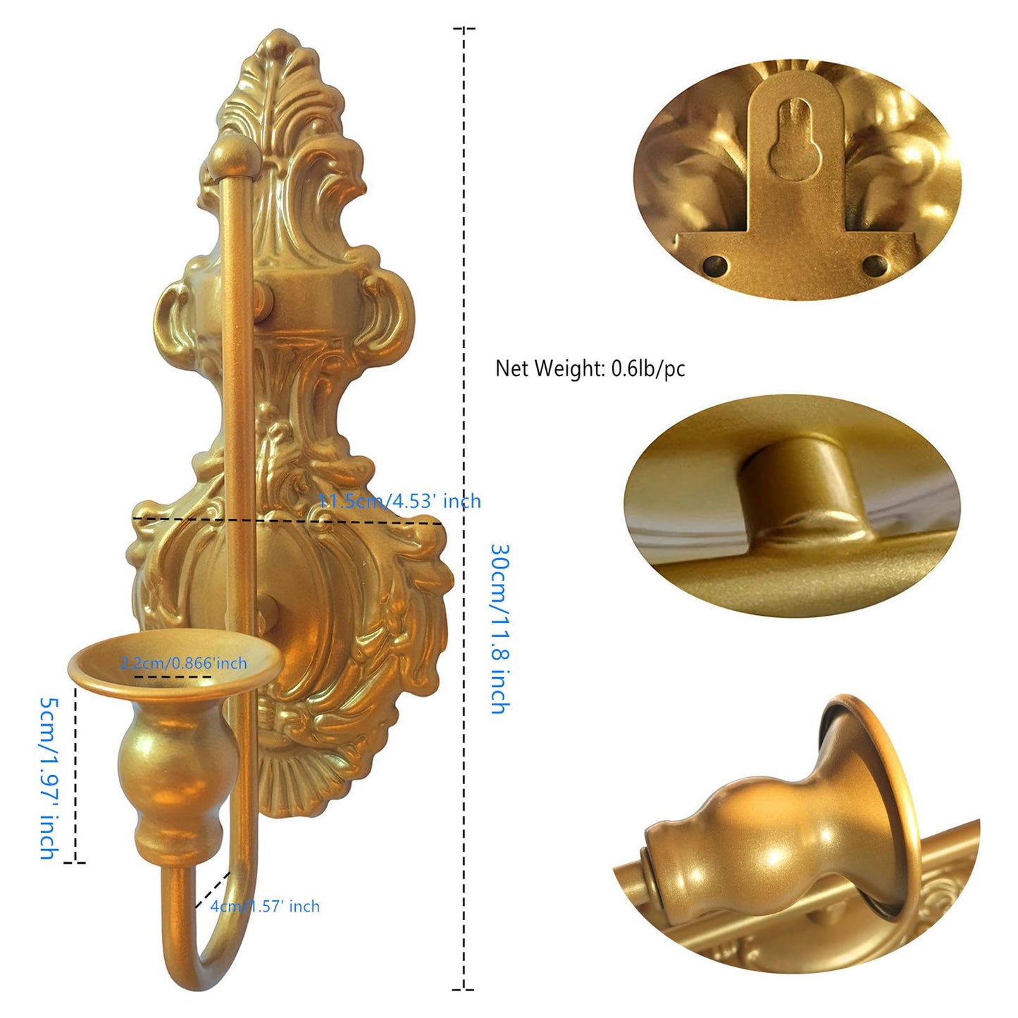Wall Sconce Candle Holder, Metal Wall Mounted Candlestick Holder, Iron Handcrafted Sconce with Vintage Gold Finish for Room, Hallway, Entryway, Bathroom, 2 Pack (A)