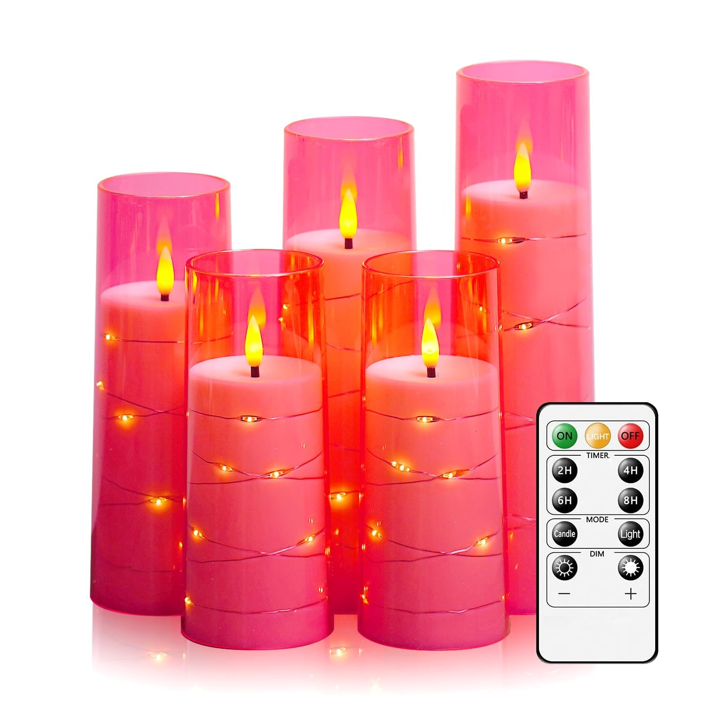 kakoya Flameless LED Candles with Timer 5 Pc Flickering Flameless Candles for Romantic Ambiance and Home Decoration Stable Acrylic Shell,with Embedded Star String，Battery Operated Candles(Pink)