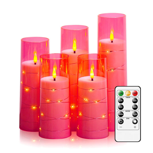 kakoya Flameless LED Candles with Timer 5 Pc Flickering Flameless Candles for Romantic Ambiance and Home Decoration Stable Acrylic Shell,with Embedded Star String，Battery Operated Candles(Pink)