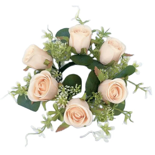 X psblty 2-Pack Artificial Eucalyptus Candle HolderWreath - Vintage Wax Ring withRose Decor for Easter, Halloween, Christmas, Home Table, Garden Party Centerpiece(Champagne)