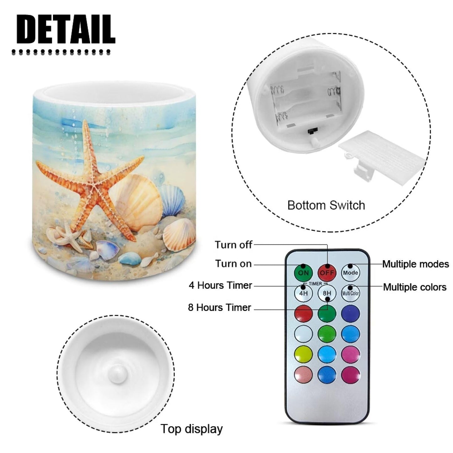 NETILGEN Beachside Starfish Print Flameless LED Candles with Remote Timer Set of 4 Home Decorative Realistic Flickering Flameless Candles with Battery Powered