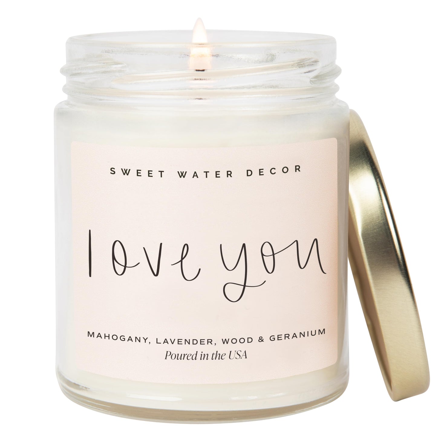Sweet Water Decor Love You Scented Candle, Non Toxic Soy Candles with Fresh Lavender, Geranium, Warm Mahogany and Earthy Teakwood, 40 Hour Burn Time, 9Oz Gold Lid Clear Jar Candle, Poured in the USA