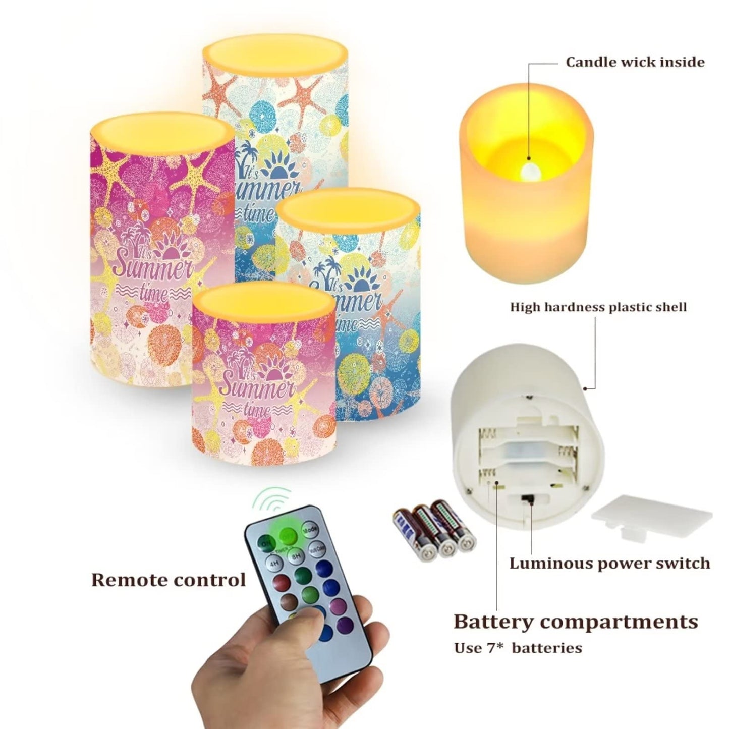 Cozeyat Summer Beach Design Set of 4 LED Votive Lights Multi Color,Changing Candles with Remote Controled,Battery Operated Flickering Real Pillar Tealights for Wedding,Home,Bathroom