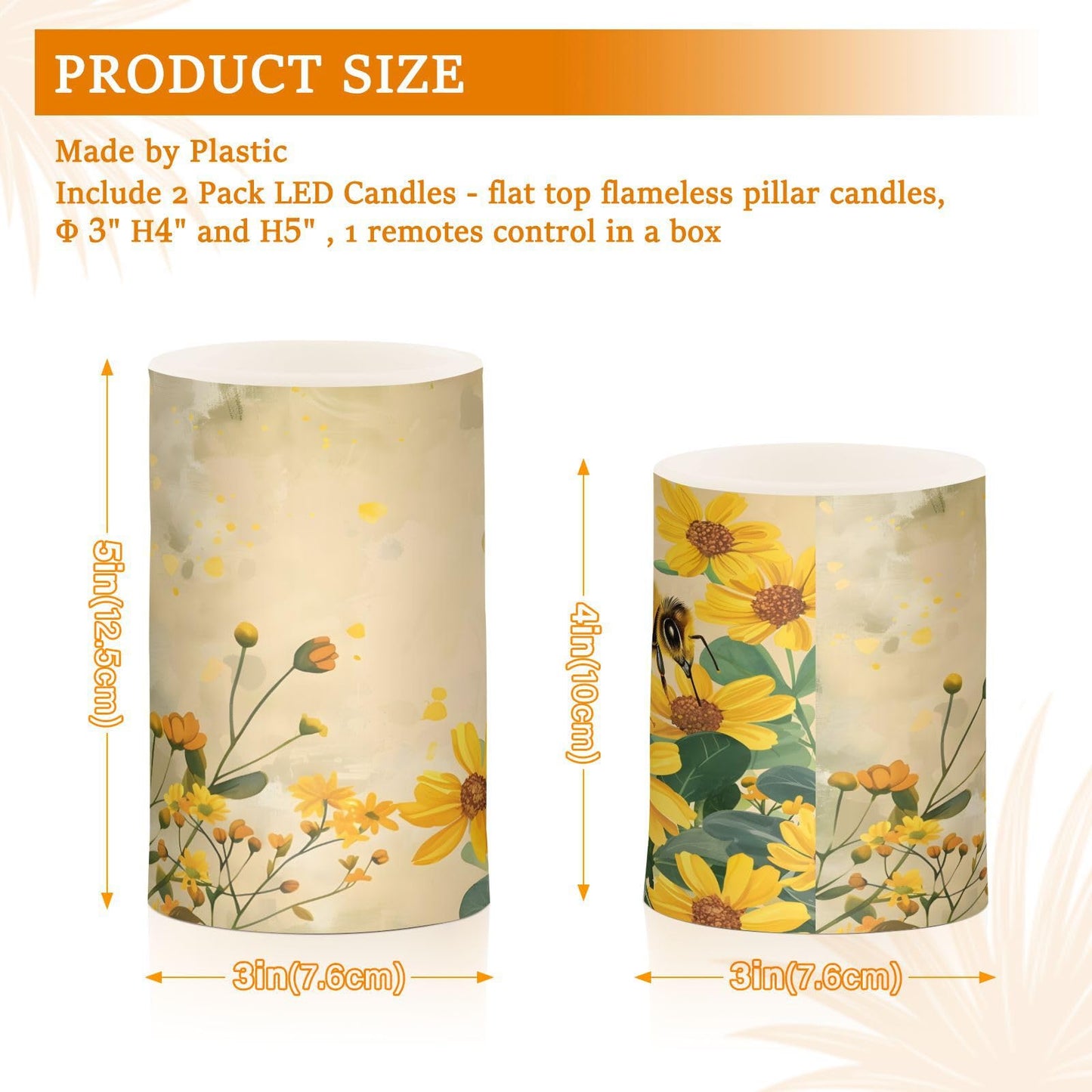 ALAZA Honey Bee Sunflower Flameless Candles Flickering LED Candles with Remote Timer Battery Operated Pillar Candles Set of 2 for Dinner Holiday Decor