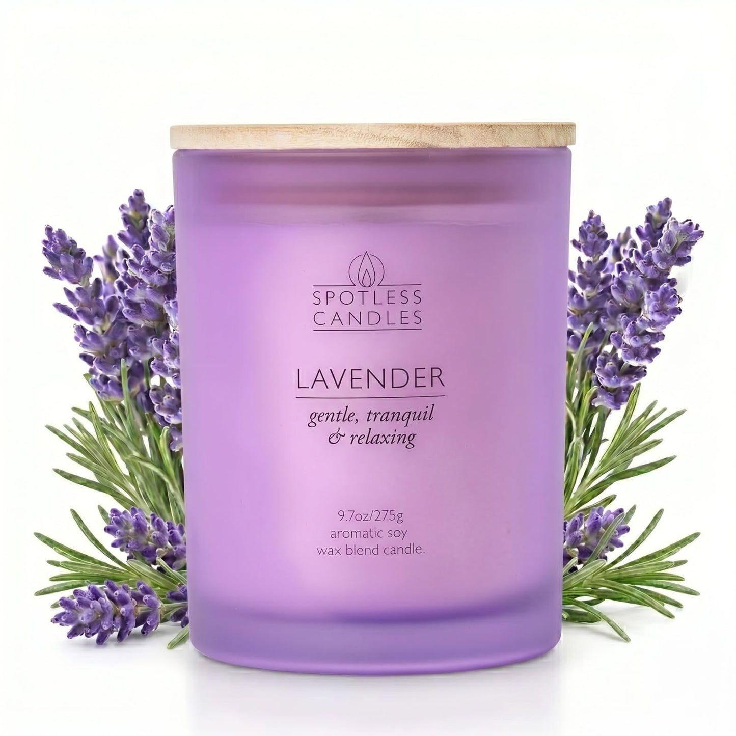 Lavender Candle; 9.7 oz:, 55 Hrs Burn Time, Soy Wax Purple Frosted Jar with Crackling Wooden Wick & Luxury Gift Box: Lavender Scented Candle by Spotless Candles