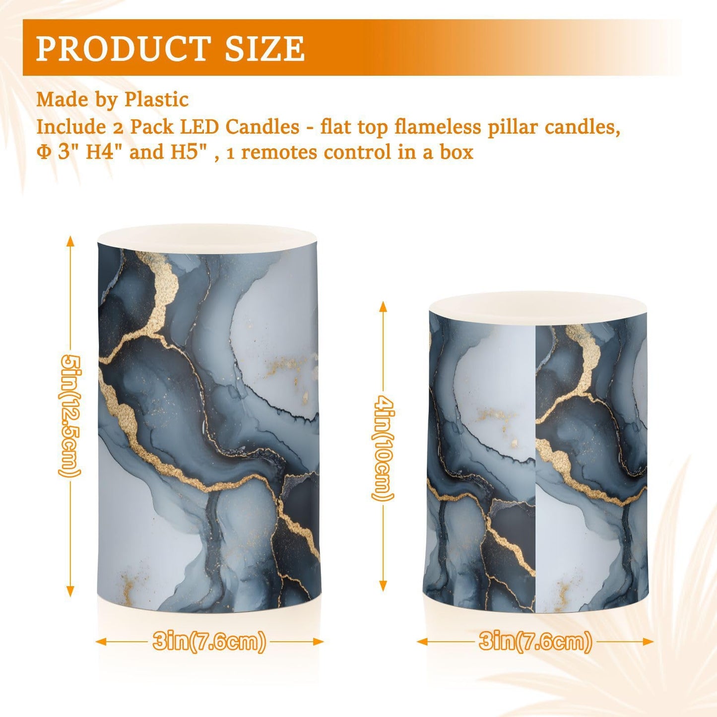 zyrtty 2 Pack Plastic Flameless Candles Blue Grey Gold Marble Pattern Ombre Battery Operated with Remote and Timer Real Wax LED Flickering Pillar Candles Set Window Christmas Holiday Decor