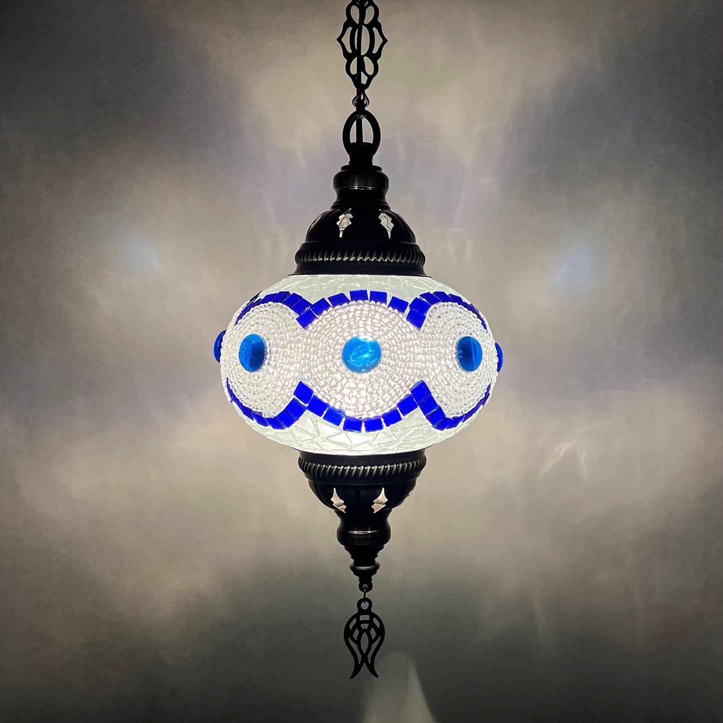 Fiunkes Turkish Mosaic Chandelier, Bohemian Industrial Height Adjustable Blue Pink Purple Ceiling Hanging Light Fixture, Bronze Plating Dining Lamp for Kitchen Island, Bedroom,Blue1