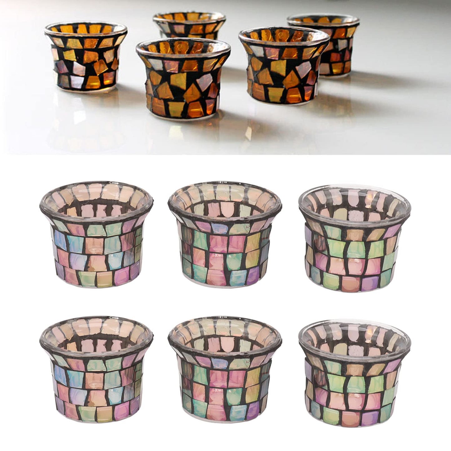 Jeanoko Mosaic Tealight Holder Set of 6 Solid Glass Candle Holder Cups for Wedding Table Centerpiece Meditation Decor Brown for Tealights Prayer Candles and Mini Planters
