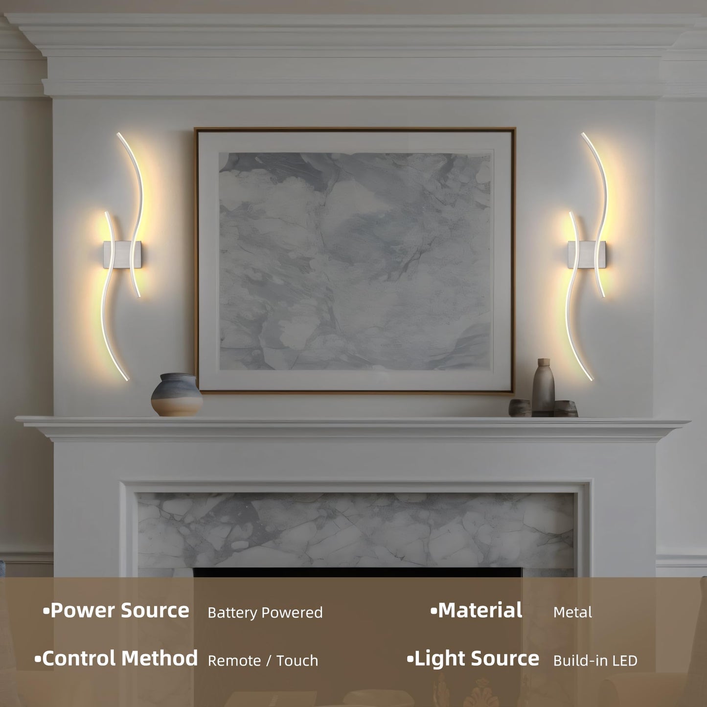 GLOTHOR Battery Operated Wall Sconce Set of 2, Dimmable Modern LED Rechargeable Wall Light with Remote Control, Wall Decor for Living Room, Hallway, Quick Install, No Electrician Required