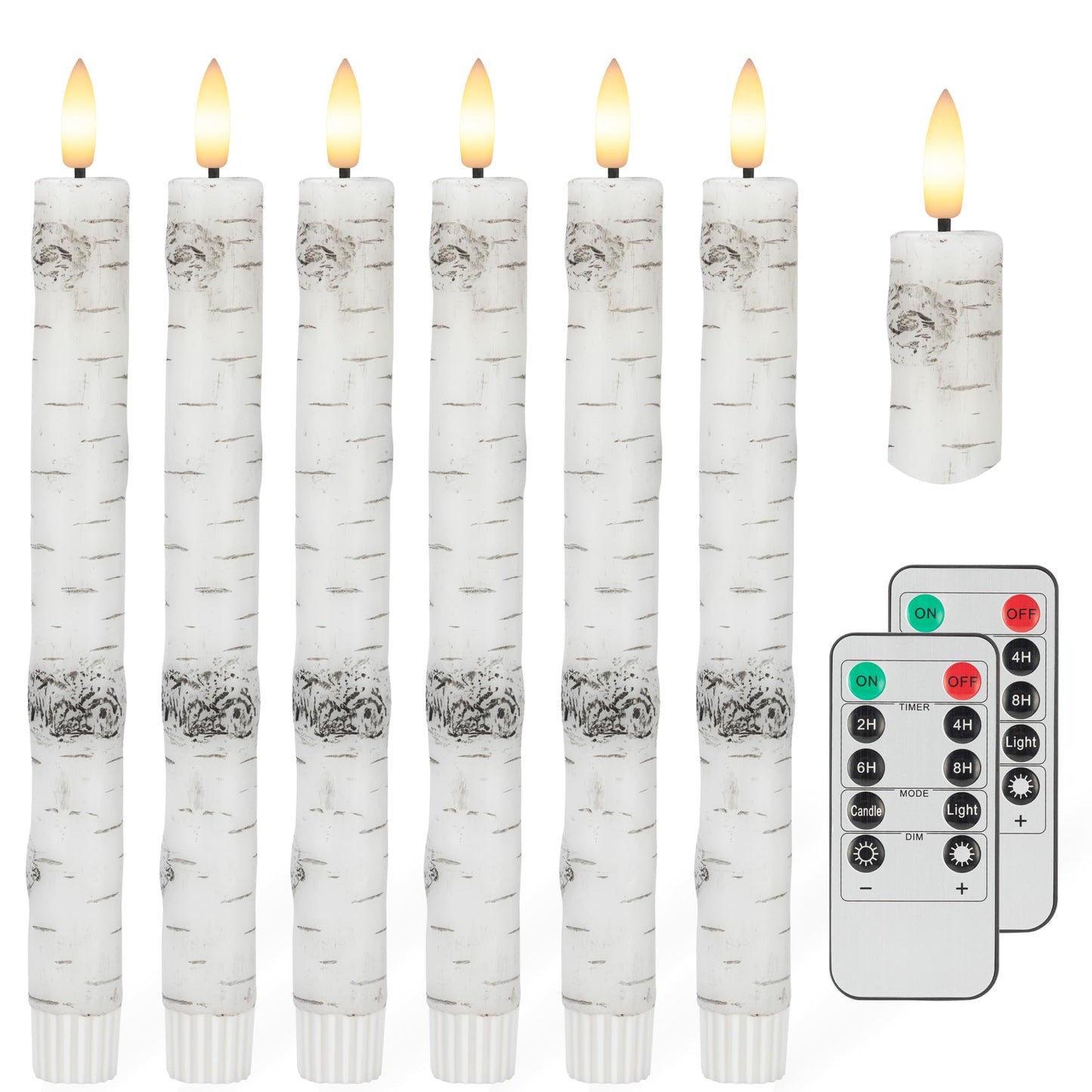 Birch Bark Flameless Taper Candles with 3D Wick, 9.6" Real Wax LED Candles with 2 Remote and Timer, 6 Pack Flickering Candlesticks Battery Operated Electric Candle for Home, Wedding, Party, Decor