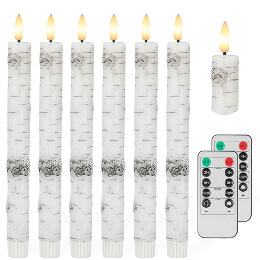 Birch Bark Flameless Taper Candles with 3D Wick, 9.6" Real Wax LED Candles with 2 Remote and Timer, 6 Pack Flickering Candlesticks Battery Operated Electric Candle for Home, Wedding, Party, Decor