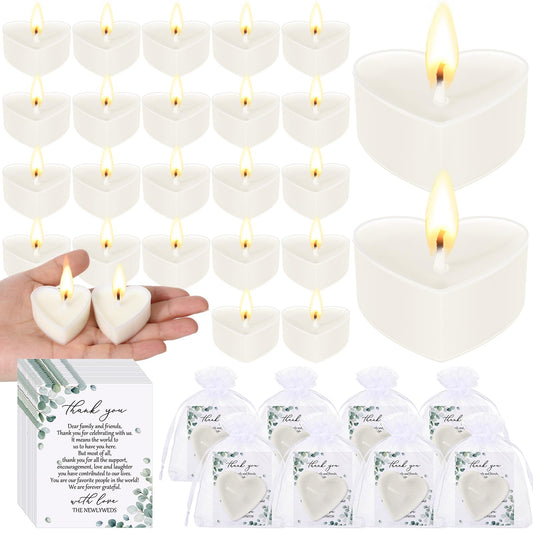 Conelist 54 Sets Wedding Favors for Guests 54 Heart Shaped Candles Mini Soywax Tealight Candles 54 Thank You Cards and 54 Organza Bags for Wedding Party Favor Gift Decoration (White)