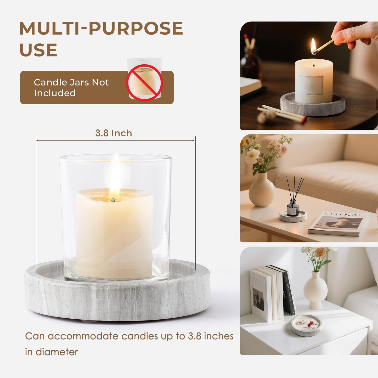 WORHE Candle Holders Italy Premium Natural Marble Candlestick Holder for Jar Pillar Candles Large Round Coaster Plate Jewelry Tray Centerpiece for Wedding Dining Table Home Decor Light Grey (WH074)
