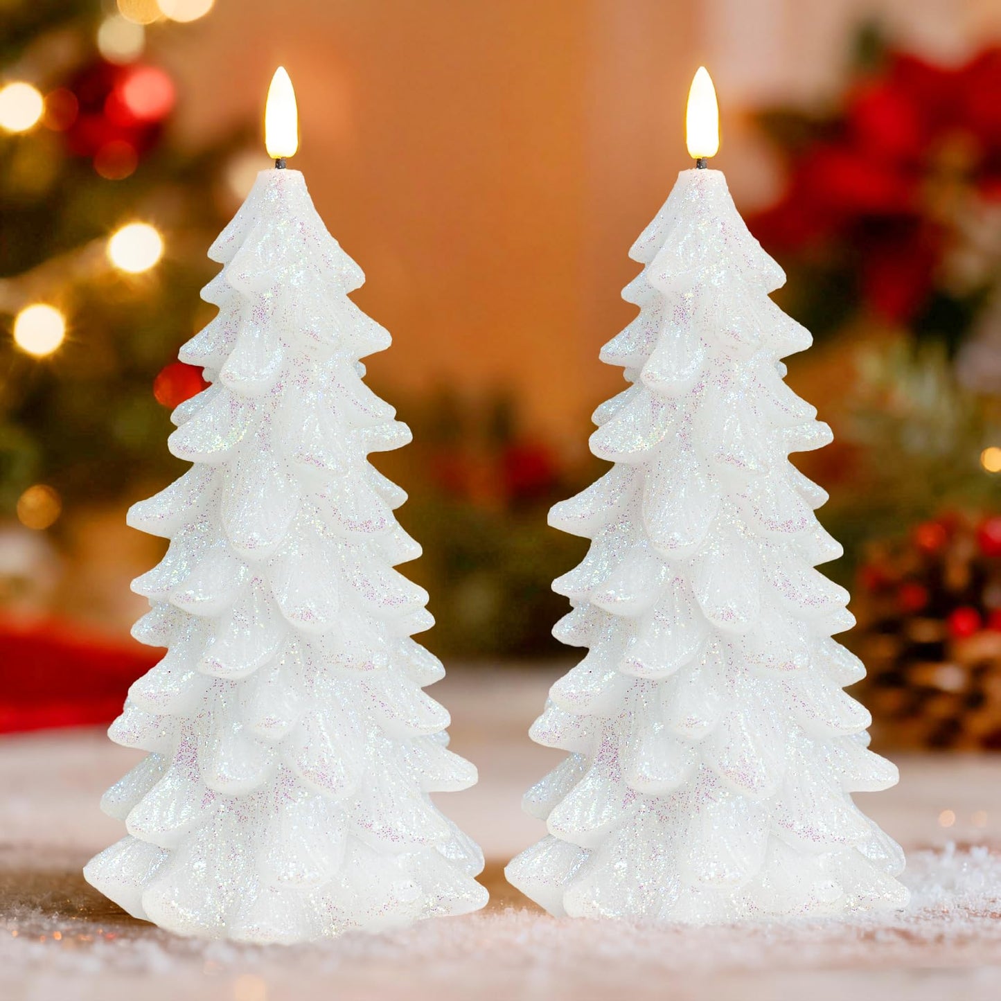 Lumeavetra Glittering Christmas Tree Shaped Flameless Candles, Flickering Real Wax Battery Operated LED Candles with Timer for Holiday Home Party Decorations, Set of 2