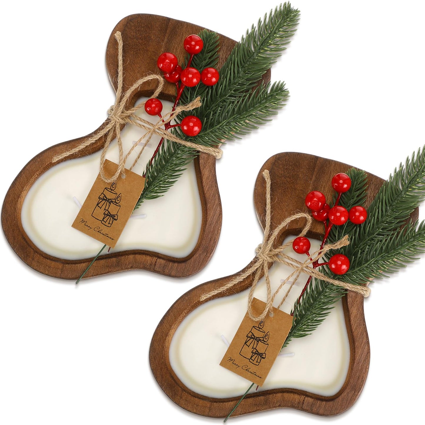 MTLEE 2 Pack Christmas Wood Dough Bowl Candle Socking Wooden Candle Bowl 3 Wick Xmas Farmhouse Decoration with Berries Pine Label for Christmas Table Centerpiece Birthday Gift Home Party Decor
