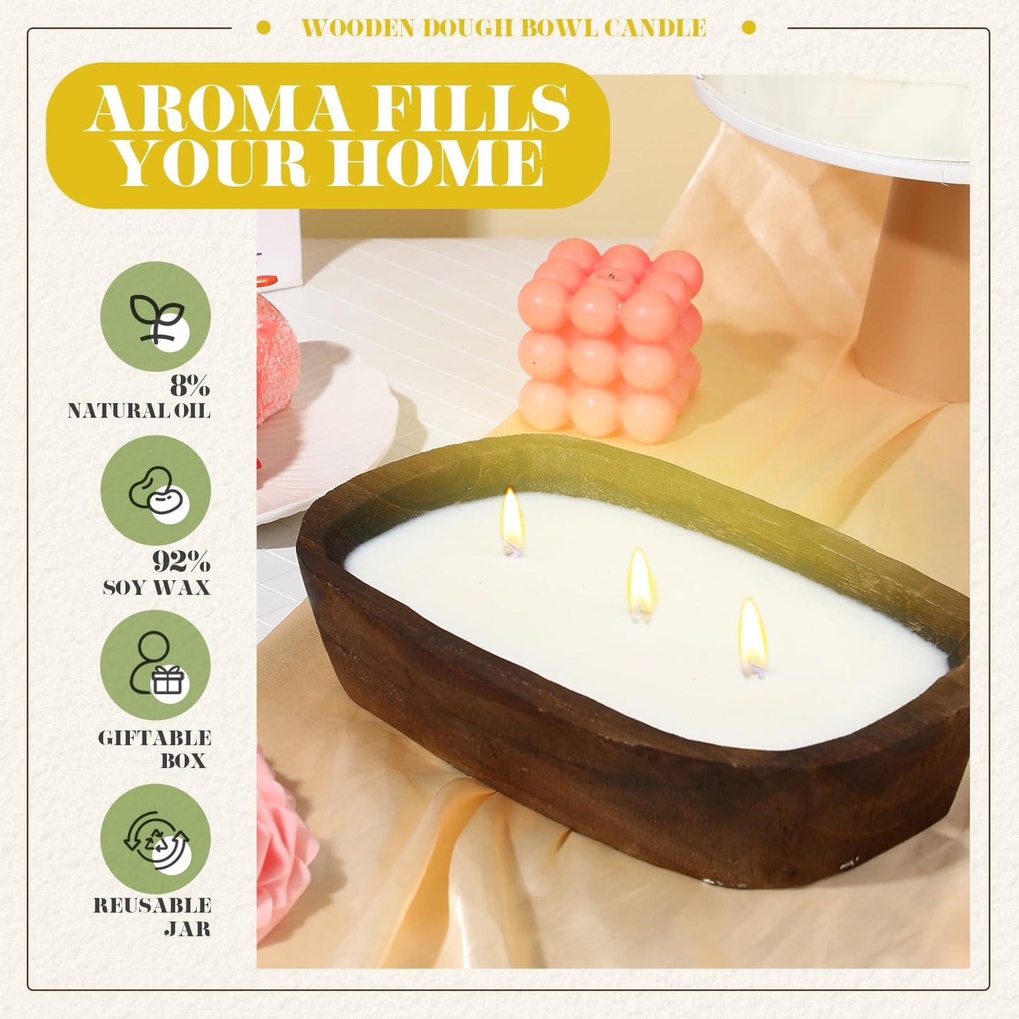 Threlaco 1 Pack 10 Inch Wood Dough Bowl Candles Home Rustic Dough Bowl Soy Candle 3 Wick Scented Candles Gifts for Men Women Farmhouse Table Centerpiece Home Decor for Christmas(Lemon Basil & Citrus)