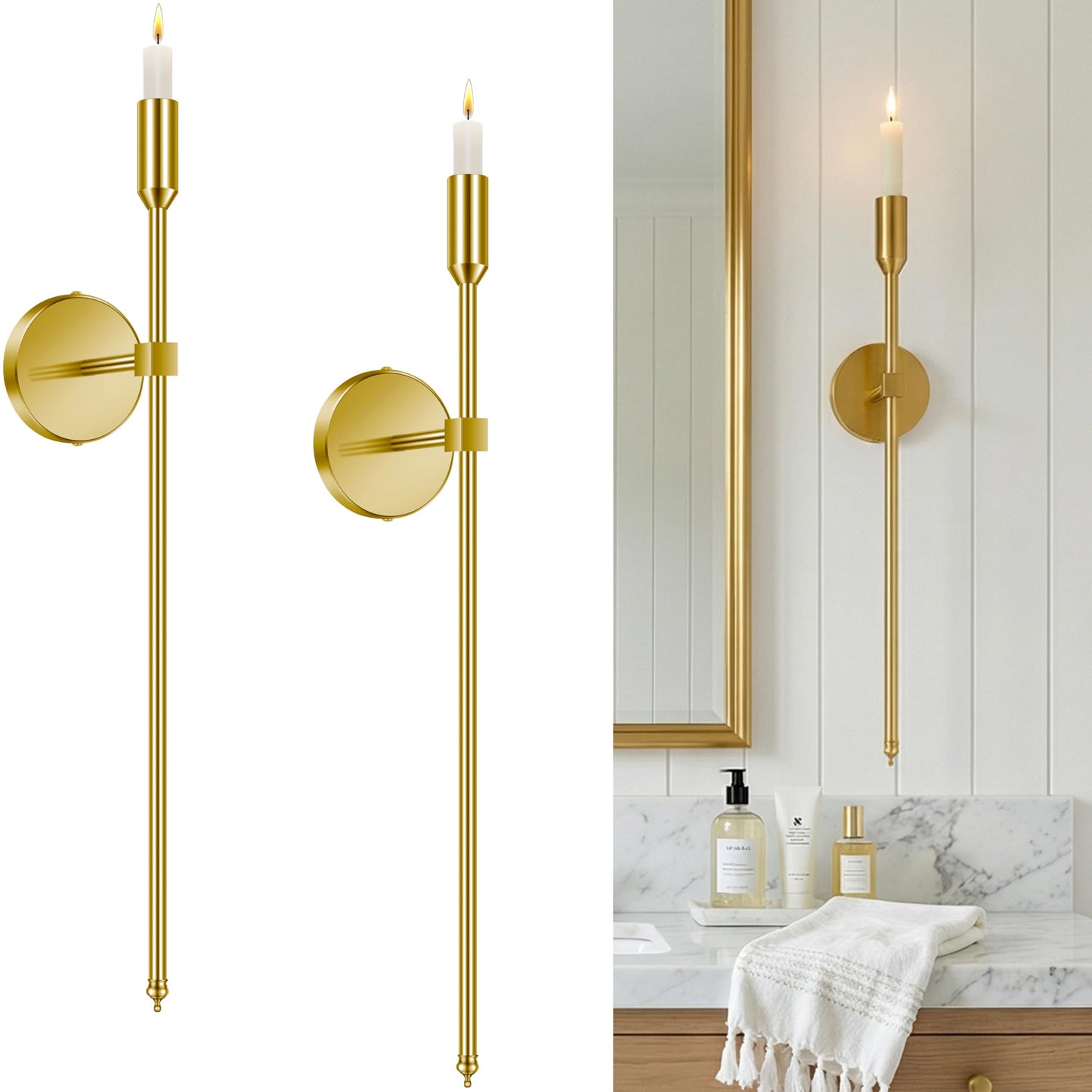 23-inch Large Wall Candle Sconces, Set of 2, Wall Mounted Candle Holder, Modern Chic Home Decor for Bedroom, Dining Room, Living Room (Brass)