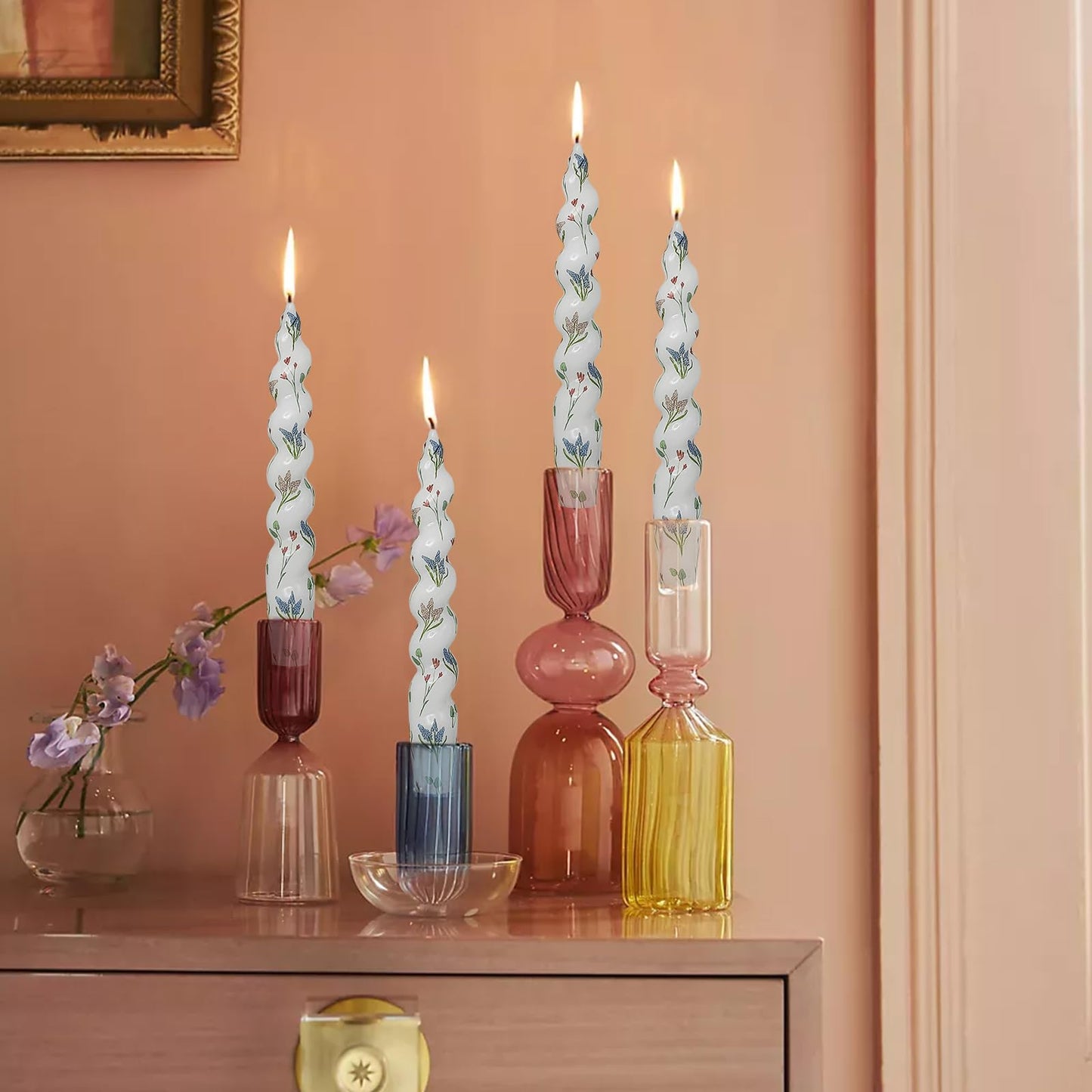 Hyacinth Spiral Candle Sticks Floral Printed Taper Candle Handmade Twisted Candlesticks 7.5 Inch Short Tapered Candles for Home Wedding Women Gifts Set of 2