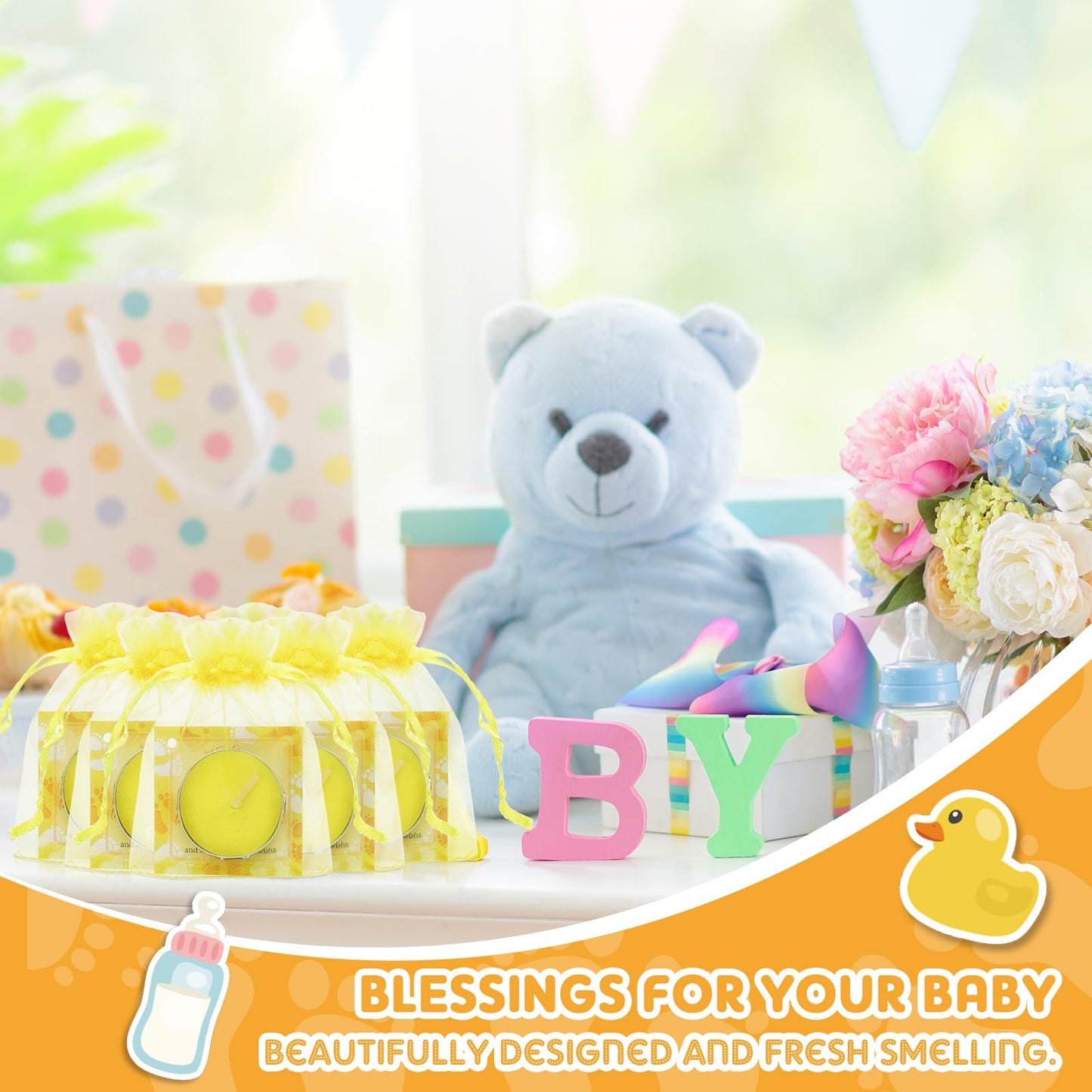 50 Sets Baby Shower Party Favors Including 50 Pcs Unscented Tealight Baby Shower Candles Gift Bags Cards for Gender Reveal Party Supplies(Yellow)
